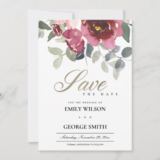 CHIC BLUSH BURGUNDY ROOS FLORAL BEWAREN DE DATUM K BEDANKKAART (Voorkant)