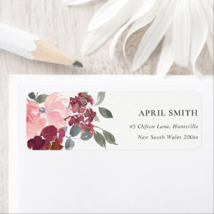 CHIC BLUSH BURGUNDY WATERVERF ROOS FLORAL ADRES ETIKET