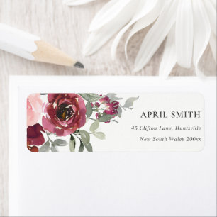 CHIC BLUSH BURGUNDY WATERVERF ROOS FLORAL ADRES ETIKET