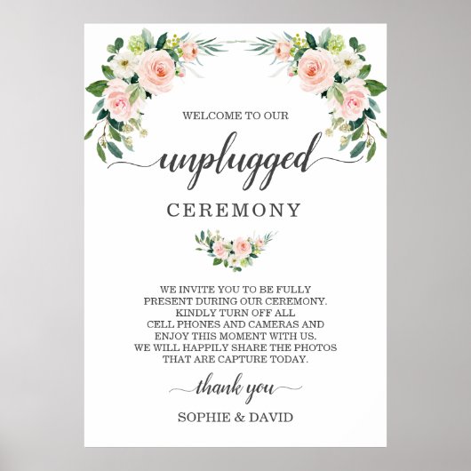 Chic Blush Cream Floral Unplugged Ceremony Sign Poster (Voorkant)