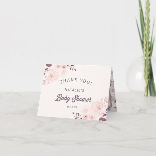 Chic Blush & Crème Bloemige Baby Shower Bedankt Notitiekaartje (Voorkant)