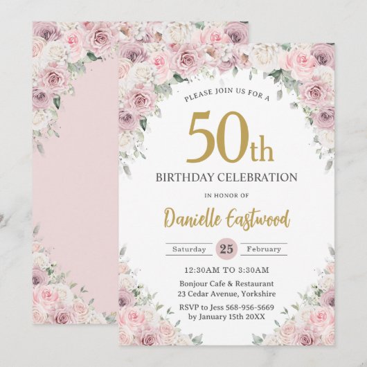 Chic Blush Dusty Pink Floral 50e 60e verjaardag Kaart (Voorkant / Achterkant)