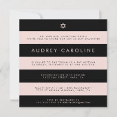 Chic Blush en Black Stripe Bat Mitzvah Invitation Kaart (Voorkant)