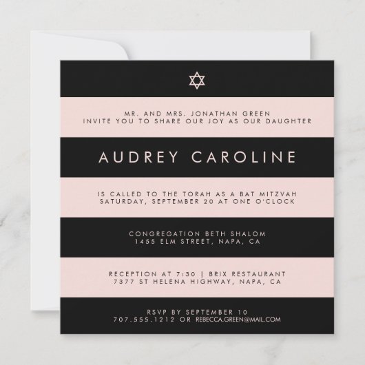 Chic Blush en Black Stripe Bat Mitzvah Invitation Kaart (Voorkant)