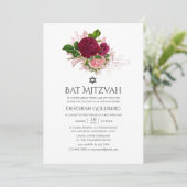 Chic Blush en Bourgogne Bloemvleermuis Mitzvah Kaart (Staand voorkant)