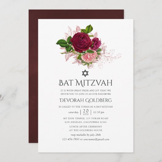 Chic Blush en Bourgogne Bloemvleermuis Mitzvah Kaart (Voorkant / Achterkant)