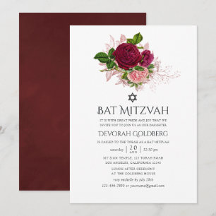 Chic Blush en Bourgogne Bloemvleermuis Mitzvah Kaart