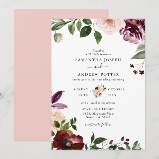 Chic Blush en Bourgogne Bloesem Huwelijk Kaart (Voorkant / Achterkant)