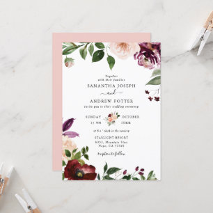 Chic Blush en Bourgogne Bloesem Huwelijk Kaart