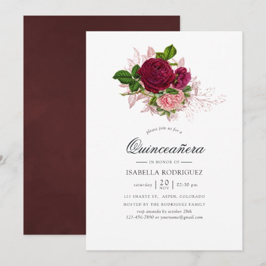  Chic Blush en Burgundy Floral Quinceañera Kaart (Voorkant / Achterkant)