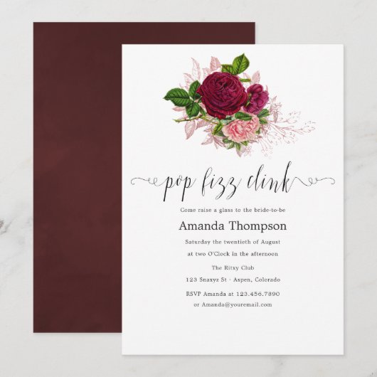 Chic Blush en Burgundy Pop Fizz Clink Kaart (Voorkant / Achterkant)