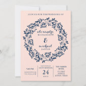 Chic Blush en Navy Botanical Wreath Wedding Kaart (Voorkant)