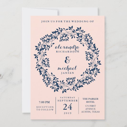 Chic Blush en Navy Botanical Wreath Wedding Kaart (Voorkant)