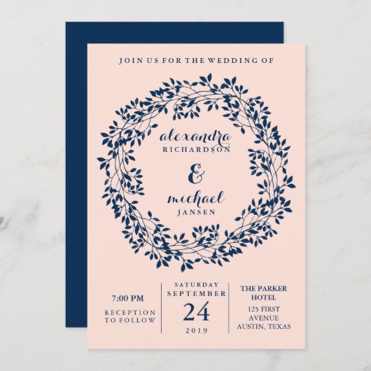Chic Blush en Navy Botanical Wreath Wedding Kaart (Voorkant / Achterkant)