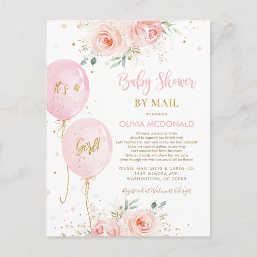 Chic Blush Floral Balloons Baby shower per Mail Briefkaart (Voorkant)
