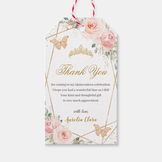 Chic Blush Floral Butterflies Quinceanera Favor Cadeaulabel (Voorkant)