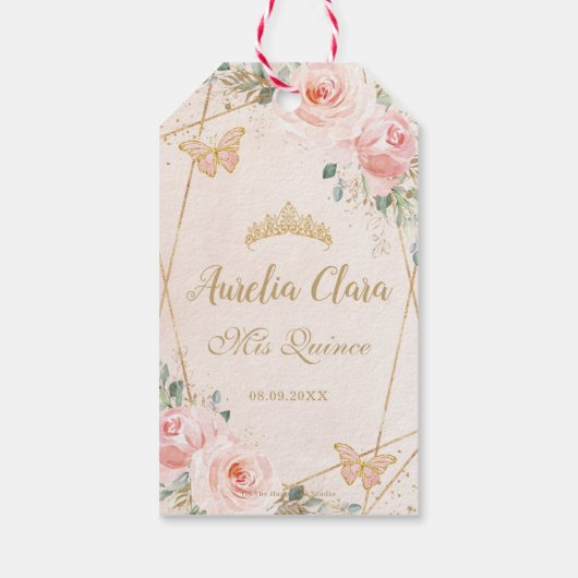Chic Blush Floral Butterflies Quinceanera Favor Cadeaulabel (Achterkant)