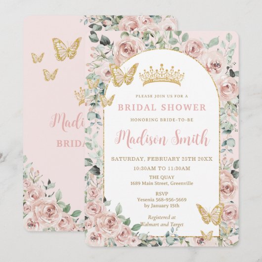 Chic Blush Floral Butterflies Royal Vrijgezellenfe Kaart (Voorkant / Achterkant)