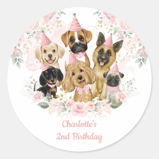 Chic Blush Floral Dogs Puppies Birthday Party Ronde Sticker (Voorkant)