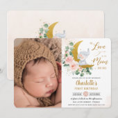 Chic Blush Floral Elephant 1st Birthday Moon Foto Kaart (Voorkant / Achterkant)