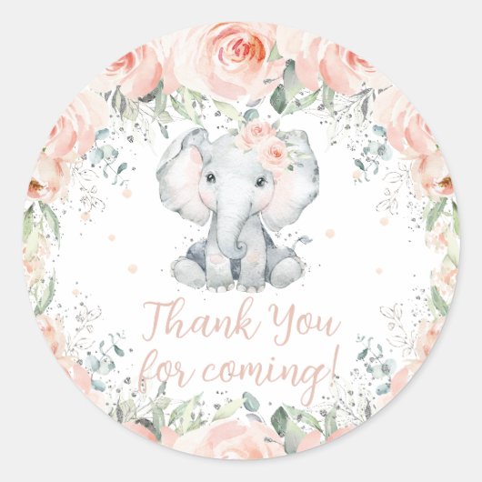 Chic Blush Floral Elephant Birthday Baby shower Ronde Sticker (Voorkant)