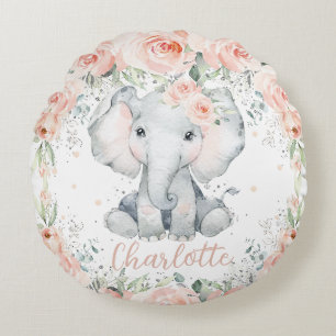 Chic Blush Floral Elephant Girl Bedroom Nursery Rond Kussen