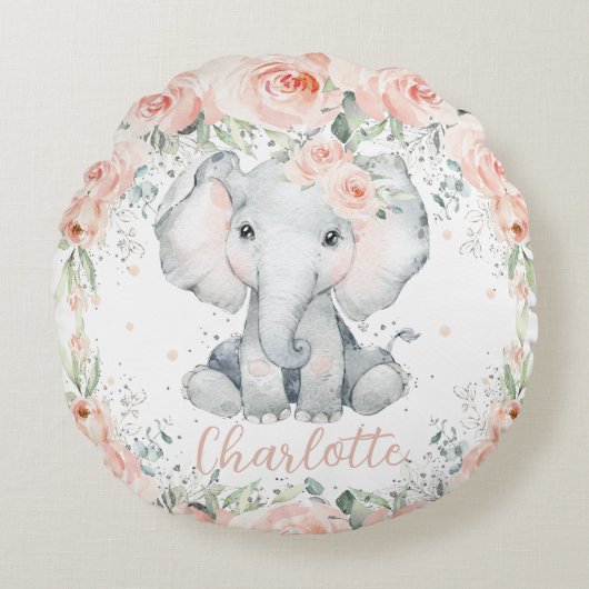 Chic Blush Floral Elephant Girl Bedroom Nursery Rond Kussen (Voorkant)