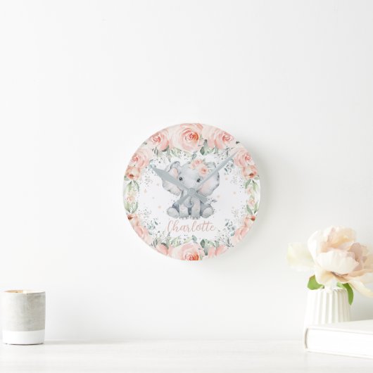 Chic Blush Floral Elephant Girl Bedroom Nursery Ronde Klok (Huis)