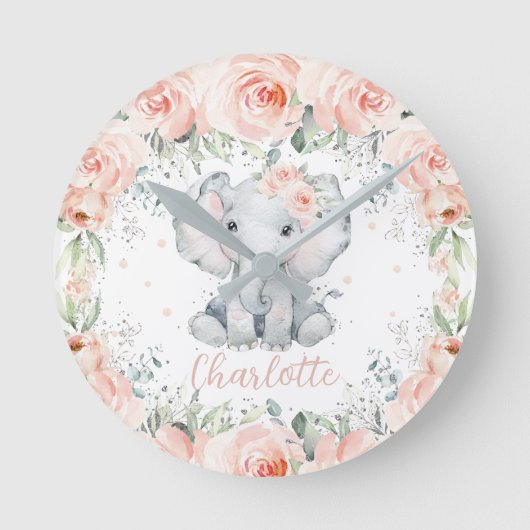 Chic Blush Floral Elephant Girl Bedroom Nursery Ronde Klok (Voorkant)