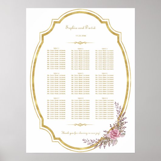 Chic Blush Floral Gold Lijst Seating Chart Poster (Voorkant)