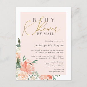 Chic Blush Floral Gold Script Baby shower per post Uitnodiging Briefkaart