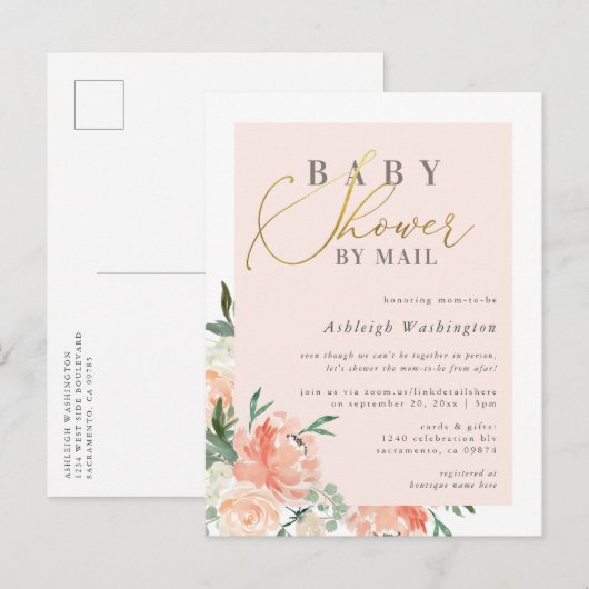 Chic Blush Floral Gold Script Baby shower per post Uitnodiging Briefkaart (Voorkant / Achterkant)