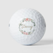 Chic Blush Floral Greenery Wreated Initiaal Name Golfballen (Voorkant)