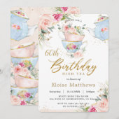 Chic Blush Floral High Tea 60th Birthday Party Kaart (Voorkant / Achterkant)