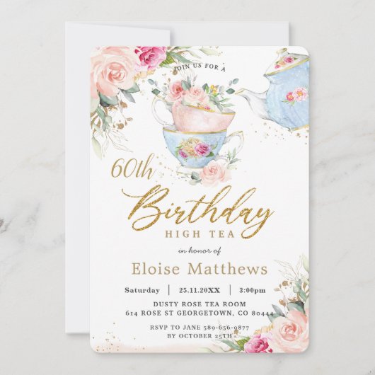 Chic Blush Floral High Tea 60th Birthday Party Kaart (Voorkant)