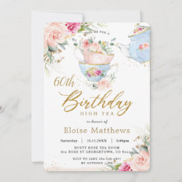 Chic Blush Floral High Tea 60th Birthday Party Kaart
