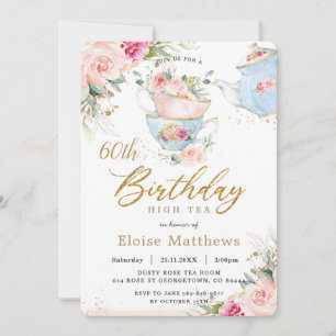 Chic Blush Floral High Tea 60th Birthday Party Kaart