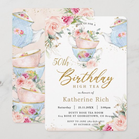 Chic Blush Floral High Tea Birthday Party OM HET E Kaart (Voorkant / Achterkant)