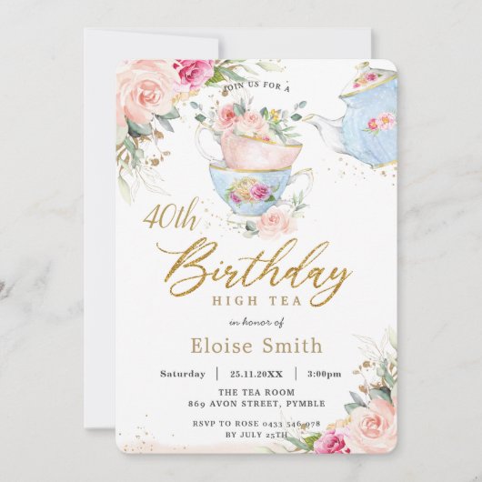 Chic Blush Floral High Tea Birthday Party OM HET E Kaart (Voorkant)