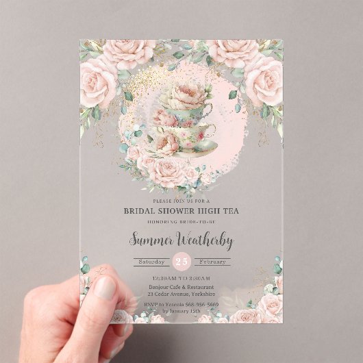 Chic Blush Floral High Tea Party Vrijgezellenfeest Acryl Uitnodigingen (Insitu (Draagbaar))