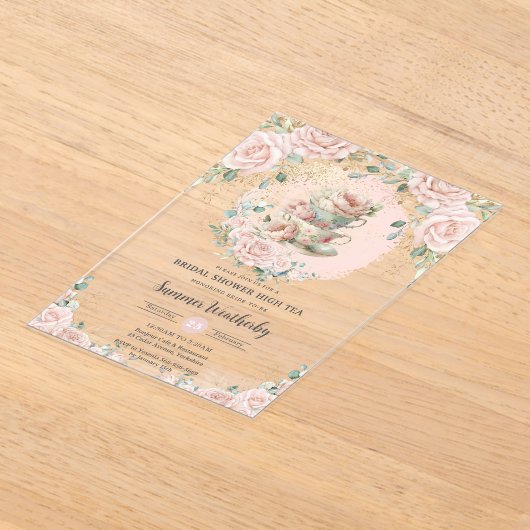 Chic Blush Floral High Tea Party Vrijgezellenfeest Acryl Uitnodigingen (Laagn)