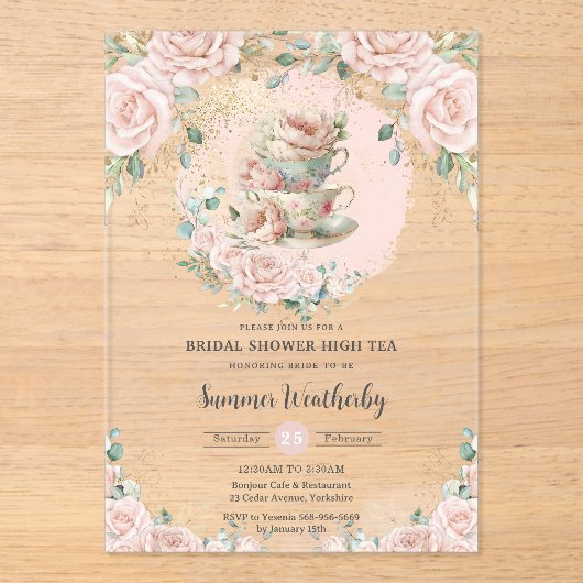 Chic Blush Floral High Tea Party Vrijgezellenfeest Acryl Uitnodigingen (Voorkant)