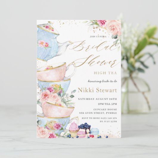 Chic Blush Floral High Tea Party Vrijgezellenfeest Kaart (Staand voorkant)