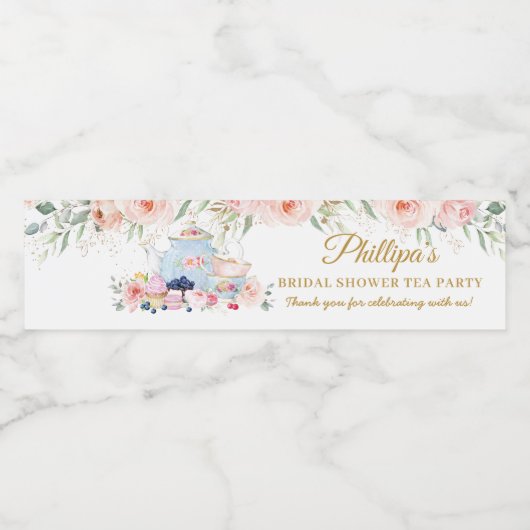 Chic Blush Floral High Tea Party Vrijgezellenfeest Waterfles Etiket (Enkel label)