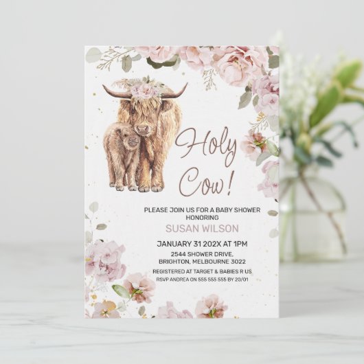 Chic Blush Floral Koe en kalf Baby shower Kaart (Staand voorkant)