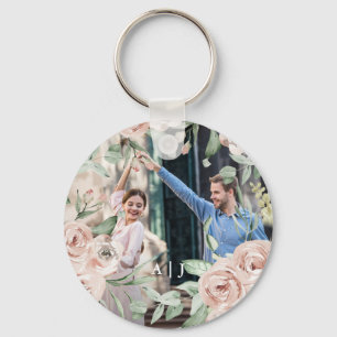 Chic Blush Floral met Monogram Foto Sleutelhanger