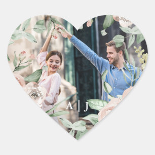 Chic Blush Floral met Monogram Photo Weddenschap Hart Sticker