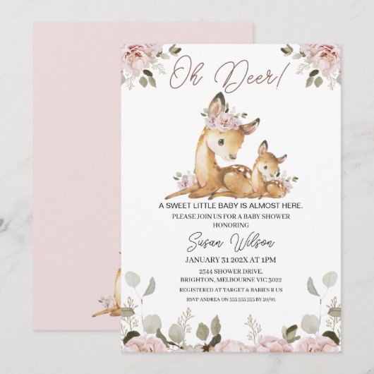 Chic Blush Floral Oh Deer Baby shower Uitnodiging (Voorkant / Achterkant)