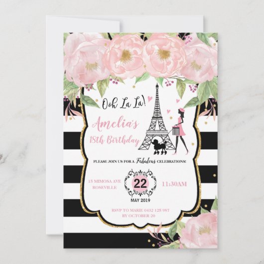 Chic Blush Floral Paris Verjaardag Eiffeltoren Kaart (Voorkant)