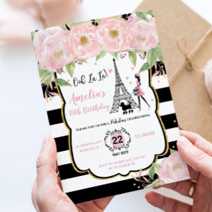 Chic Blush Floral Paris Verjaardag Eiffeltoren Kaart